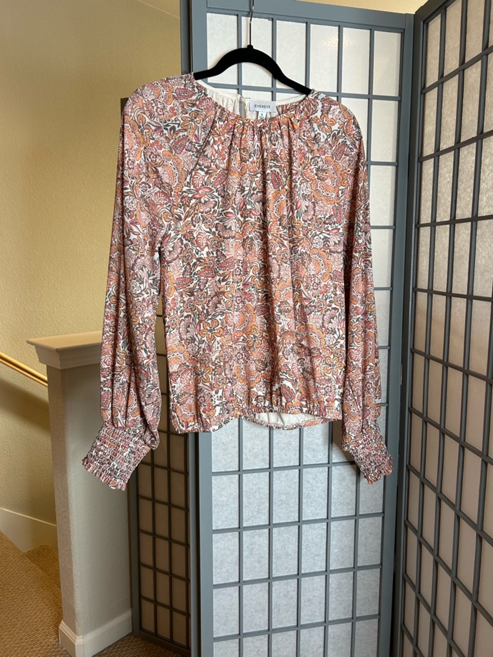 NWT Evereve Rose-Peach Paisley Long-Sleeve Peasant Top